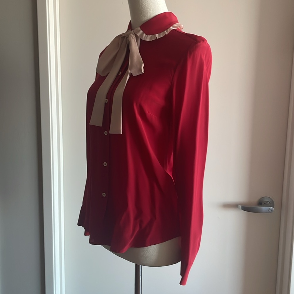 RED Valentino Silk Crepe Ruffle Tie Neck Button Down Blouse Red - Picture 4 of 14